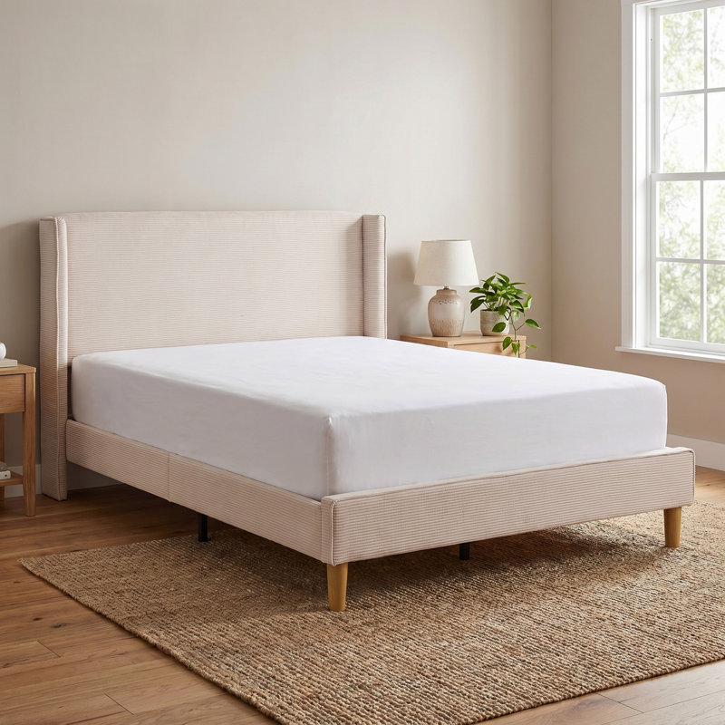 Janine Corduroy Upholstered Wingback Bed with Slat Kit and Solid and Manufactured Wood Frame, Full, Beige