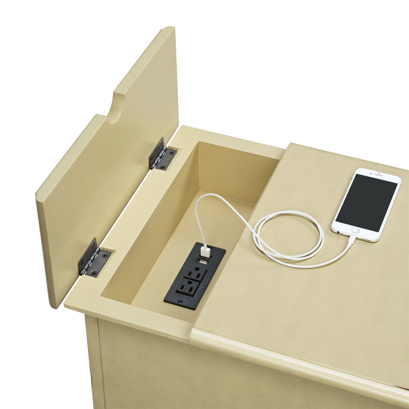Ahmara End Table with Storage and Built-In Outlets, Antique Cream White Top / Antique Cream White Base