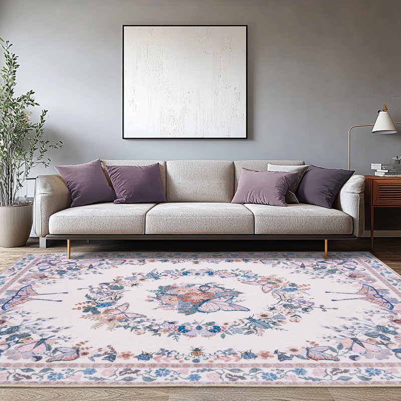 5x7 ft Butterfly Rug for Living Room, Low Pile Throw Rugs with Rubber Backing Washable Non Slip Modern Large Area Rug for Bedroom Dining Room, Pink
