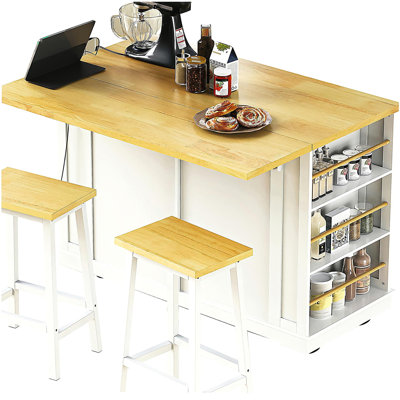 48-inch large kitchen island with 2 bar stools, power outlets, door-style storage shelves, 5-wheel flip-top kitchen storage trolley, 5 open side shelves, 2 drawers, suitable for kitchen, dining room, white