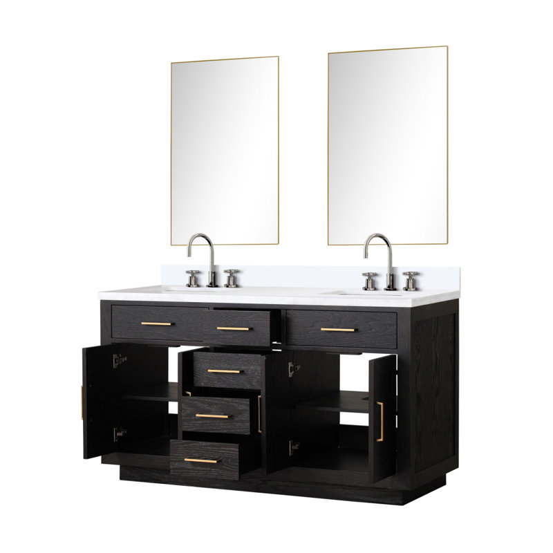 Meuble-lavabo double en chêne noir 60 po X P 22 po D, plateau en marbre de culture, ensemble de robinet et Miroirs