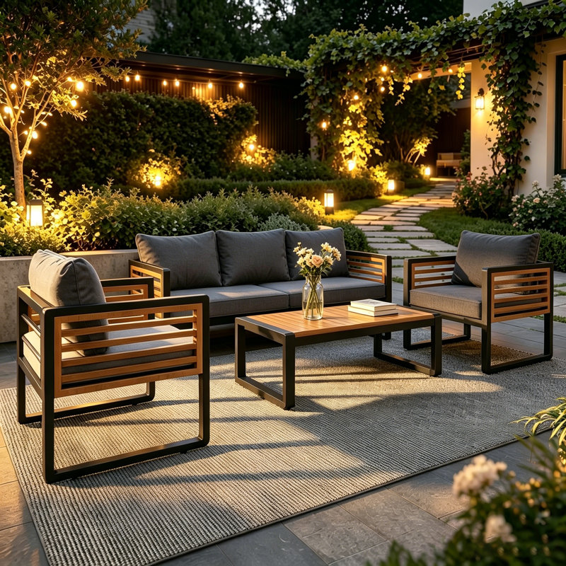 Outdoor 5-Person Sofa Seating Group with Removable Cushion and Acacia Wood Tabletop, Gray