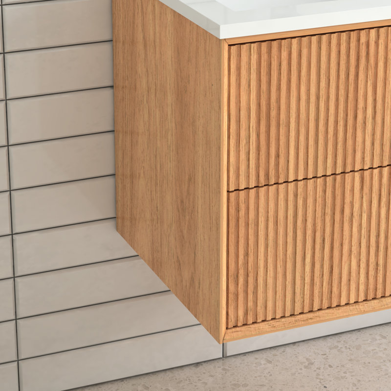 Armoire de salle de bain flottante en bois massif 24 po 24 po, fixée au mur avec 2 tiroirs rainurés, lavabo en résine blanche, style américain, meuble-lavabo de 19,35 po de hauteur, vasque de rangement intégrée, design,