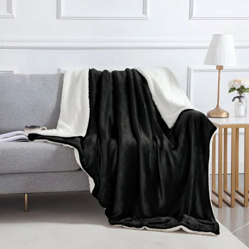 Kaylie Soft Sherpa Fleece Fur Thick Dual Sided Reversible Blanket Throw, Black, 200cm x 240cm