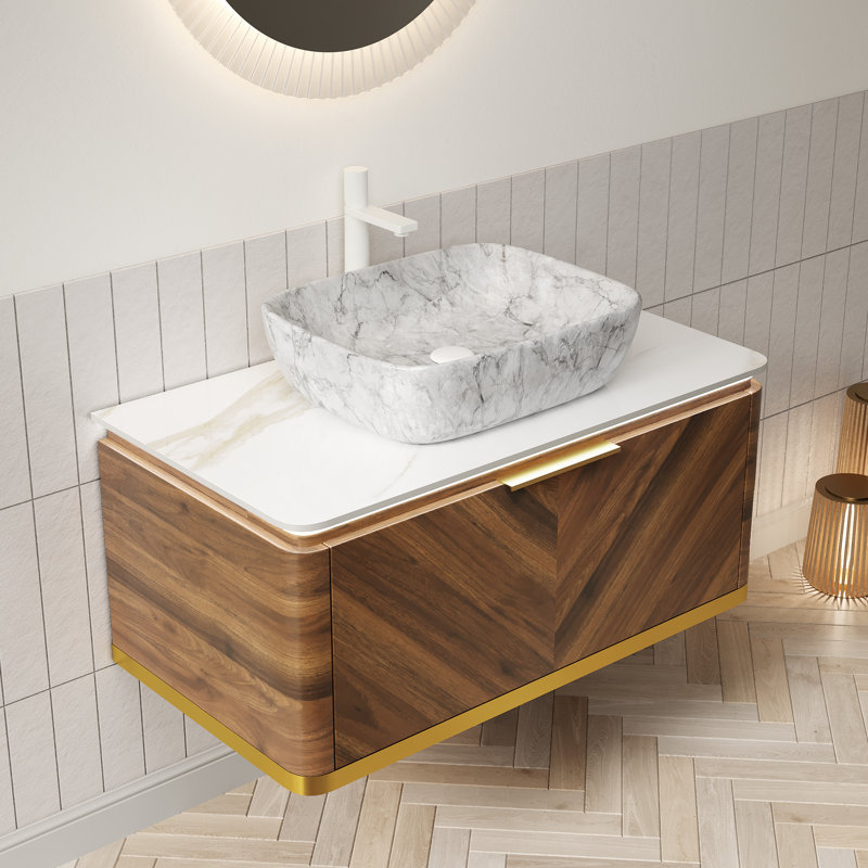 Meuble-lavabo flottant 36 po, armoire en contreplaqué grain de bois noyer foncé avec tiroir et capteur de lumière, plateau en pierre frittée et vasque rectangulaire en céramique à motif marbré, pré-assemblé