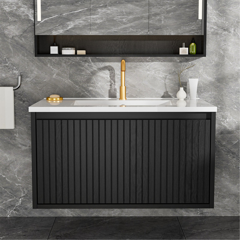 Meuble-lavabo de salle de bain avec lavabo en céramique - Meuble-lavabo mural flottant cannelé avec tiroirs, moderne