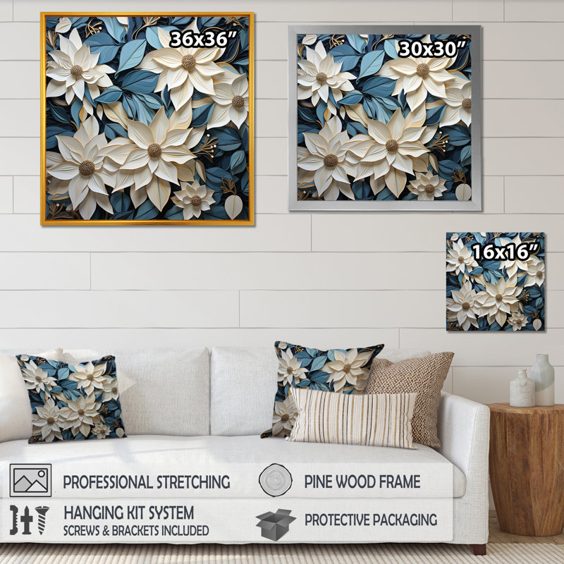 «White and Blue Poinsettias Blooming Brush V» sur impression sur toile, Cadre doré simple, H 24 po x l 24 po x P 1 po