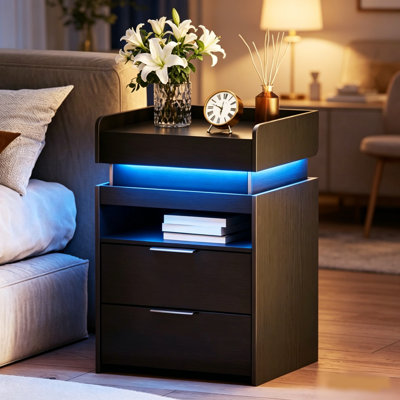 Table de chevet avec rangement, 45,7 cm (18 po) de largeur, lampe DEL et station de recharge, 2 tiroirs et tablette ouverte, blanche