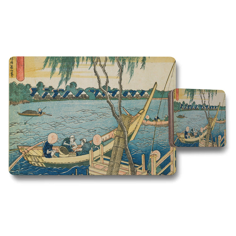 Japanese Vintage River Scene Placemat and Coaster Set