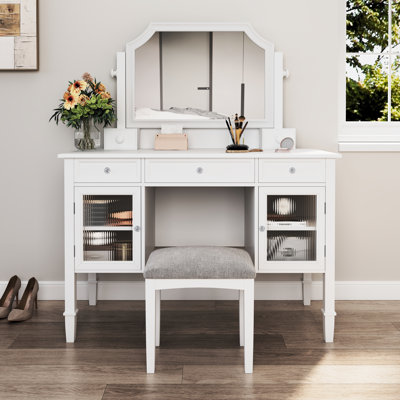 Meuble-lavabo de 44,4 po avec miroir pivotant de 28,4 po, 5 tiroirs différents, 2 armoires réglables, finition blanche, bureau avec coiffeuse Space
