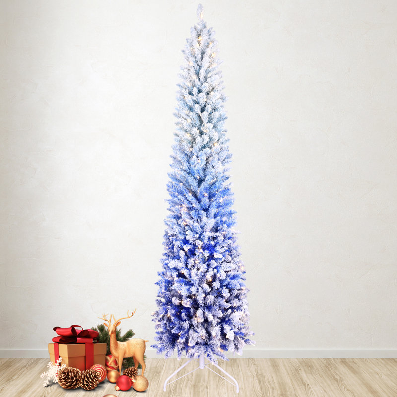 Arbre de Noël à flocage bleu dégradé avec lumières à DEL blanc chaud, pointes, branches articulées, conception mince, support en métal - arbre pré-éclairé étroit pour la décoration des Fêtes