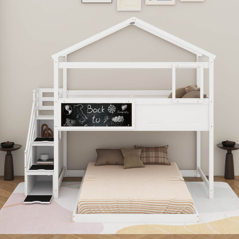Twin Over Full House Bunk Bed With Blackboard, White