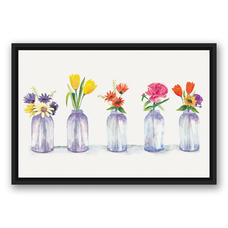 Fleurs peintes dans des pots en verre - Peinture sur toile, 16 po x 24 po, Cadre noir