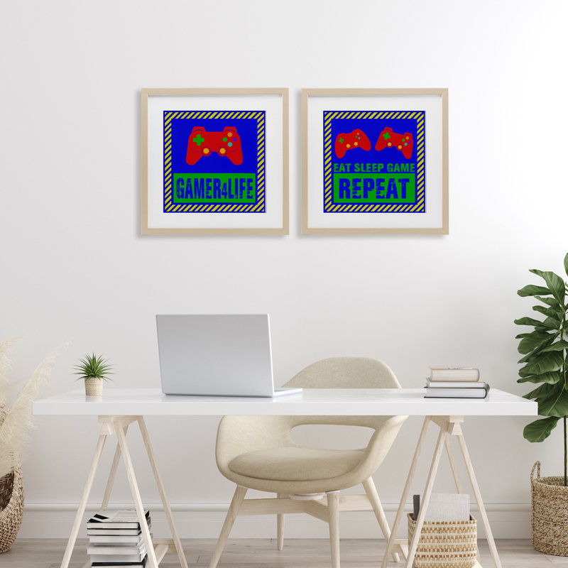 «Gamer Quotes with Stripes», ensemble de 2 impressions encadrées sous verre, conception de Marcus Prime, H 16 po x l 16 po