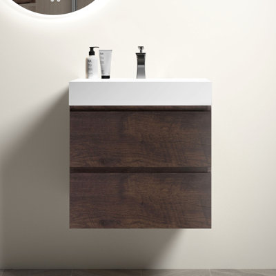Meuble-lavabo de salle de bain 61 cm (24 po) - Noyer, rangement maximal, lavabo blanc, fonctionnement silencieux et fluide, sans robinetterie, préassemblé, fixation murale, grande ouverture, robinetterie ou bonde, finition