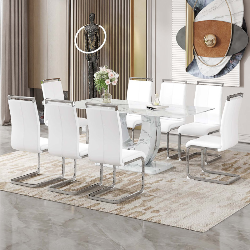 Ensemble de table et de chaises Motif marbré simple moderne, 9, Blanc, Blanc / argenté
