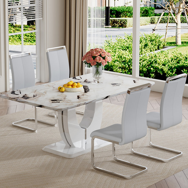 Ensemble de table de salle à manger, Gris léger / argent, 5 pièces, Dalishis