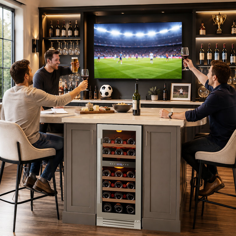 15" 28-Bottle Dual Zone Wine Cooler, Built-In & Freestanding, 3 Cu.Ft. Wine Refrigerator with 40–65°F, Amber/Blue/White LED, UV-Protected Double Glass, Hidden Hinges, Frost-Free, Carbon Filter, Front Vent, Compressor & Fan Cooling Wine Fridge
