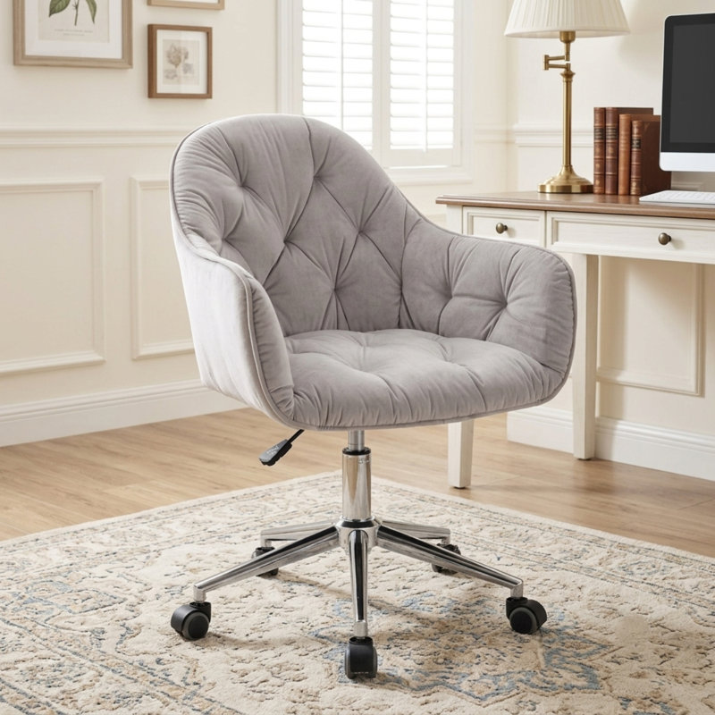 Liwia Velvet Upholstered Swivel & Adjustable-Height Task Chair with Chrome Metal Base, Gray
