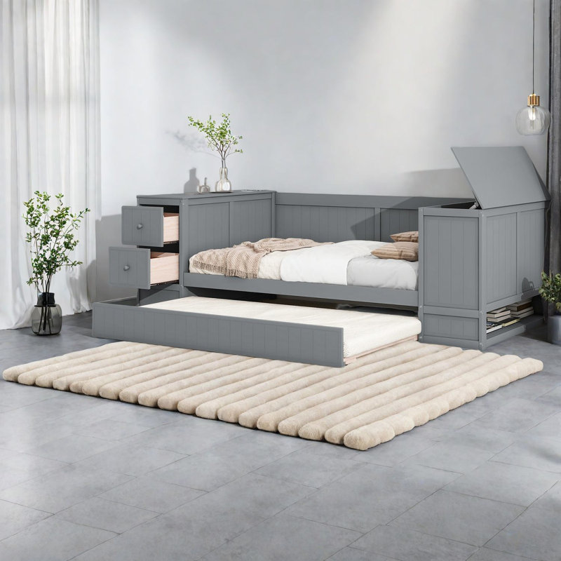 Space-saving Wood Beds With Storage, Modern Twin Daybed With Trundle For Home