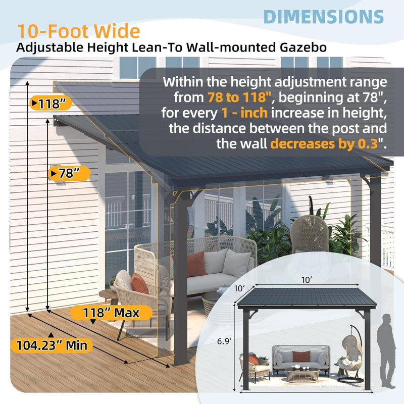 Pergola d'extérieur à hauteur ajustable pour terrasse, H 76 po x l 118,5 po x P 119,3 po