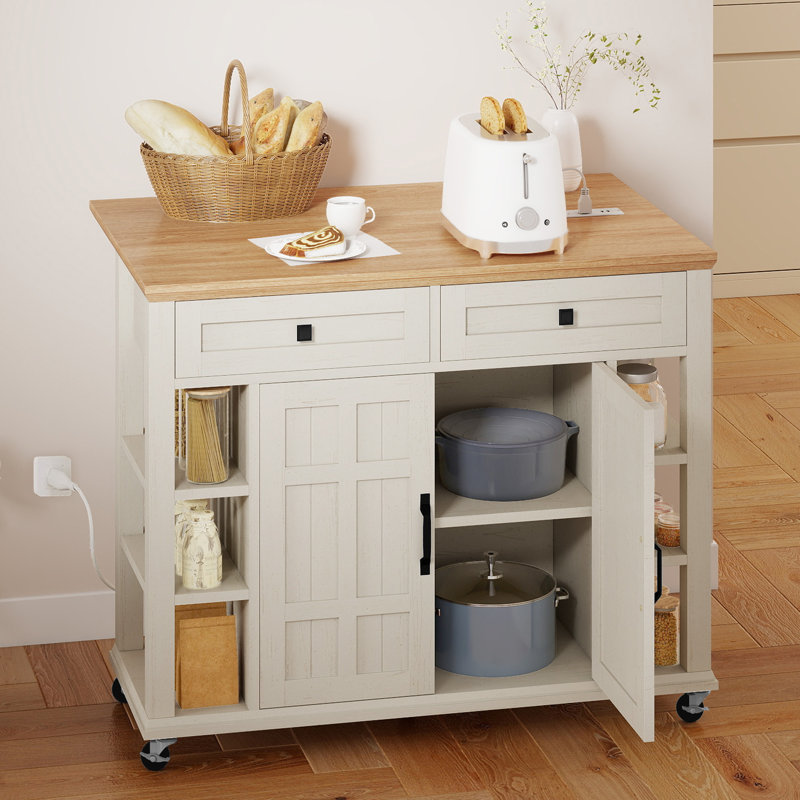 45" Kitchen Island With Drop Leaf & Power Outlet, Mobile Cart With 360° Casters, Storage Drawers For Kitchen Prep, White