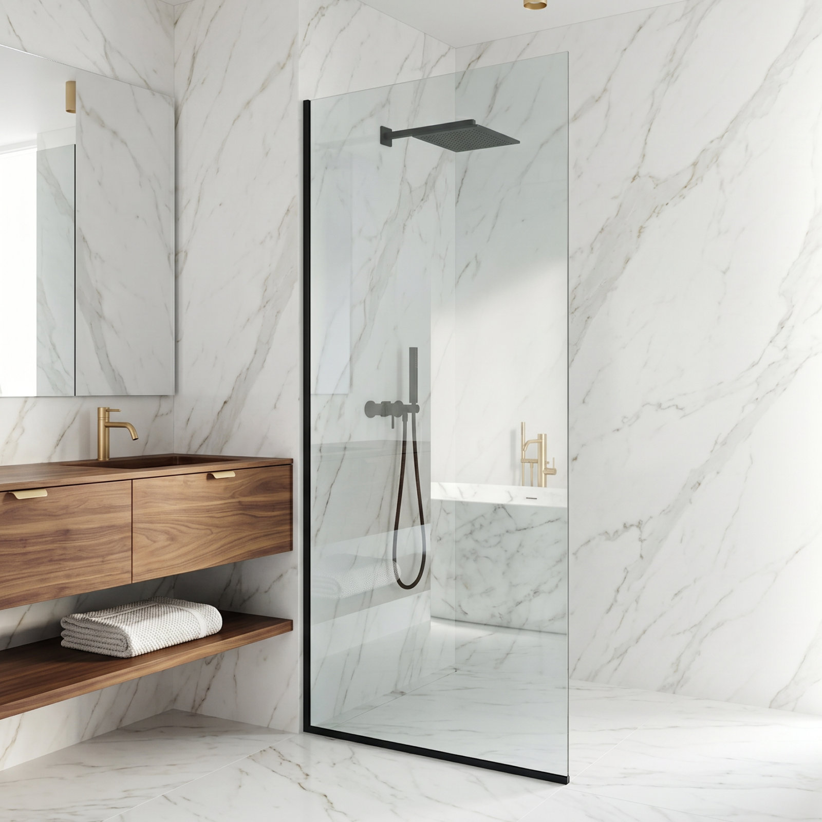 Zenith Frameless Fixed Shower Screen, Matte Black Clear
