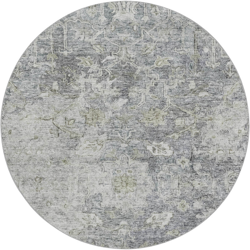 Tapis oriental à poils longs de qualité supérieure lavable à la machine ADS801, Gris, Rond 8 pi