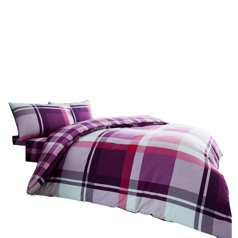 Check Pattern Polycotton Duvet Cover Set with Matching Pillowcases - Machine Washable Bedding Set, Purple, Double