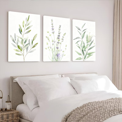 Botanical Watercolor Leaves and Lavender Canvas Wrapped Wall Art, Set of 3 (Set of 3)