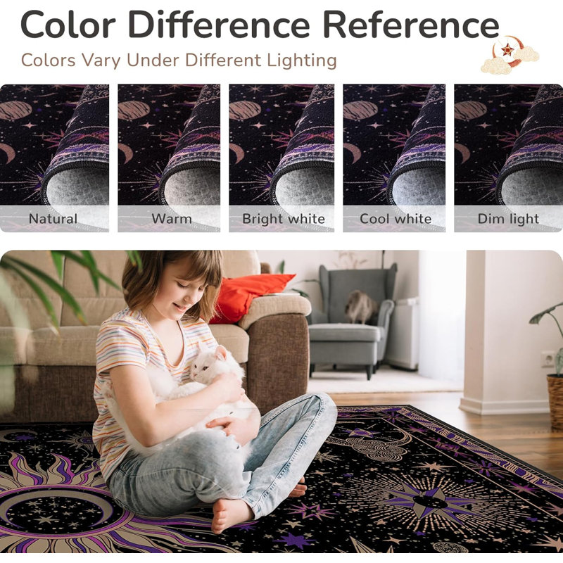 2X3 Area Rugs, Washable Vacuum-Friendly Non-Slip Rug Vintage Boho Sun And Moon Printed Pattern Low Pile Carpet For Living Room Bedroom Dining Room Hallway Entryway,Black Purple Beige