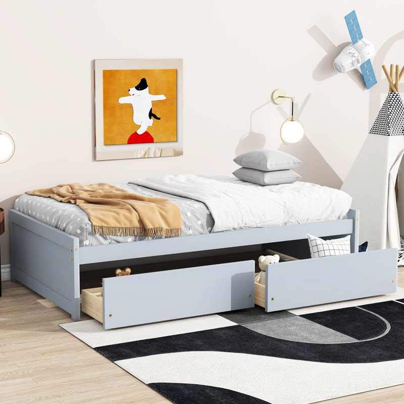 Twin Bed, 2 Drawers, Grey Solid Rubber Wood, Quiet Drawer Operation, Space - Saving Bed Design Wood Grey, Contemporary Style, Smooth Gliding Drawers