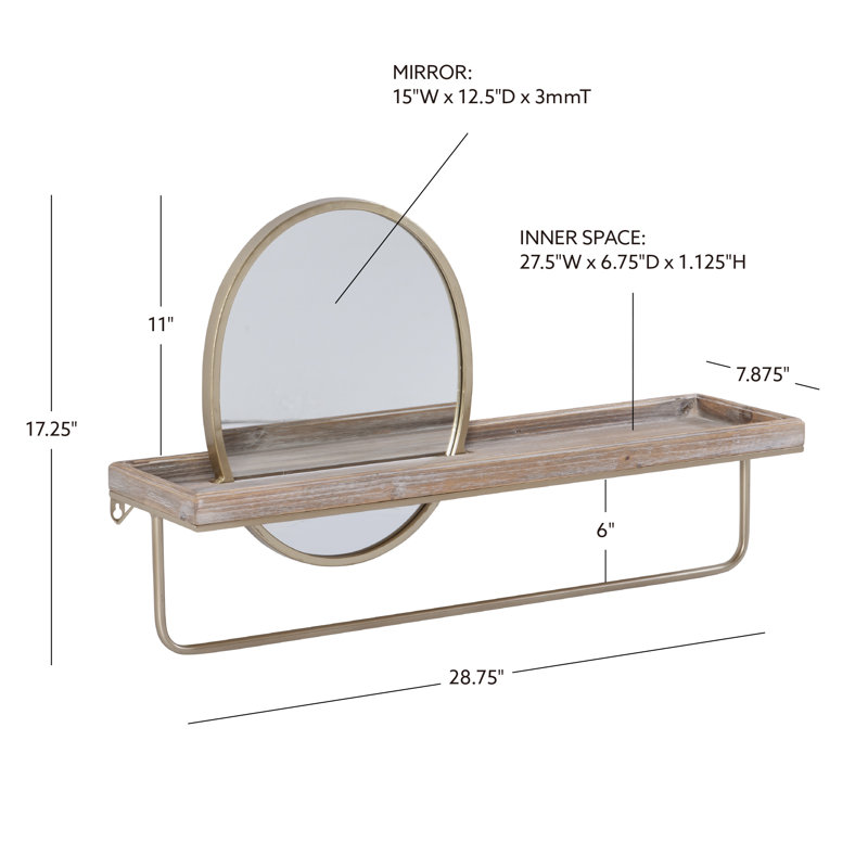 Metal Flat Mirror with Shelves, Gold