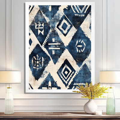 Blue Beige Indigo Tribal Pattern IV - Picture Framed Wall Art
