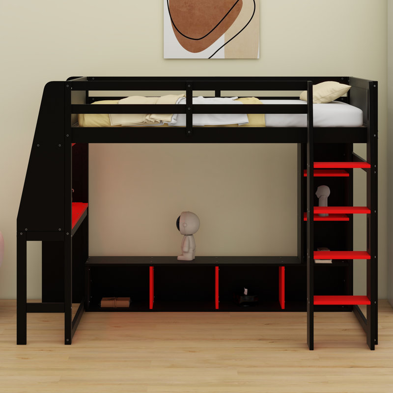 Gaming Loft Bed With Desk, Multi-Storage Shelves