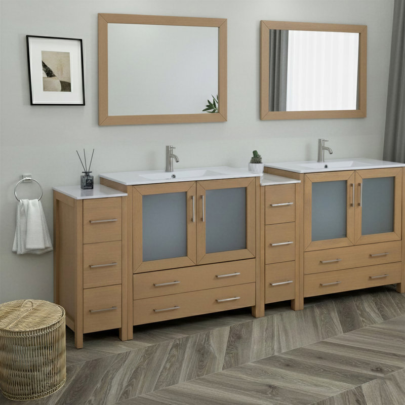 Brescia 96" Double Sink Freestanding Bathroom Vanity with Ceramic Top and Matching Mirrors, Natural Oak