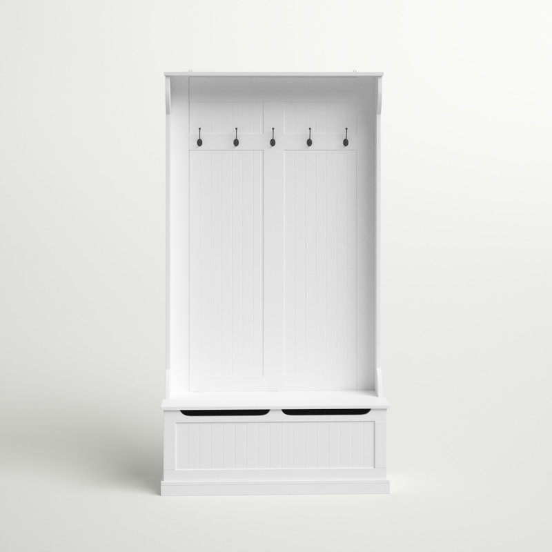 Bright White MDF Hall Tree with Storage Bench and Coat Hooks