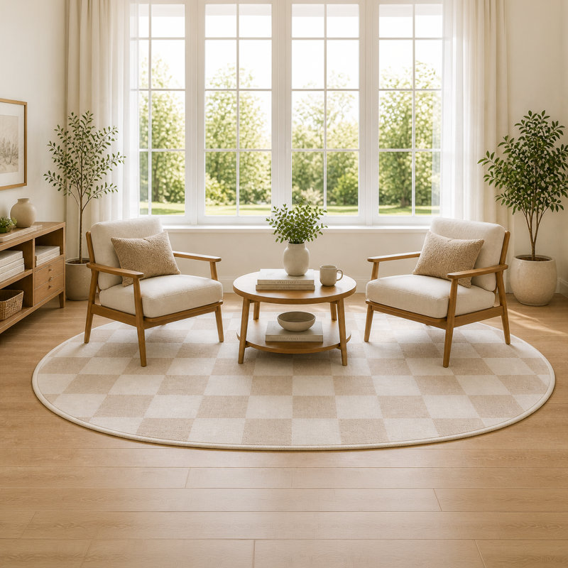 Tapis à carreaux lavable à la machine, Ivory & Natural, 8x8 ft, Round