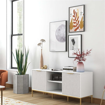 Stylish and Functional Modern TV Stand with Wave-Design Doors, Open Shelf, and Adjustable Shelf for Your Living Room Decor by Mercer41