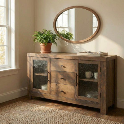 54.4" Buffet Sideboard Cabinet with 2 Glass Doors & 3 Drawers, Farmhouse Storage Credenza Coffee Bar Console Table for Dining Room/Living Room/Entryway - Embossed Red Walnut