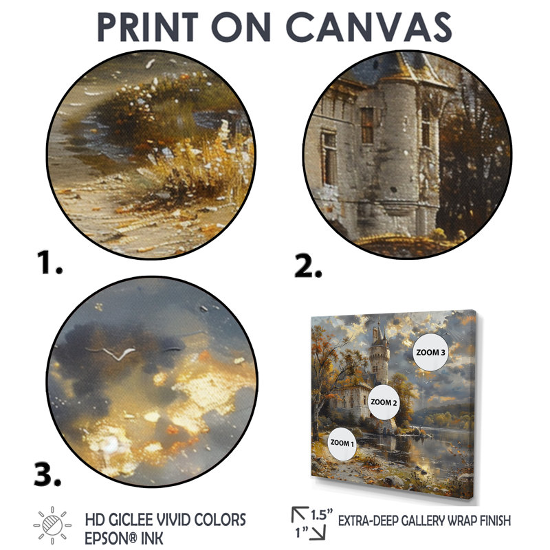 Beige gris tourelle tourelle du château II - art mural châteaux, Toile encadrée noire simple, H 16 po x l 16 po x P 1 po