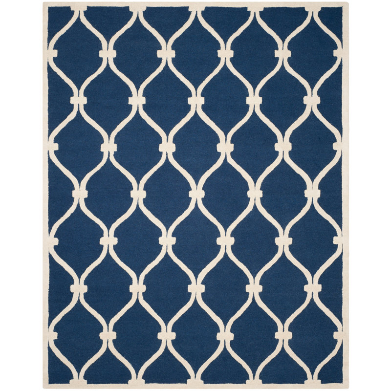 Erol   Geometric Handmade Tufted Wool Navy/Ivory Area Rug, Rectangle 6' x 9'