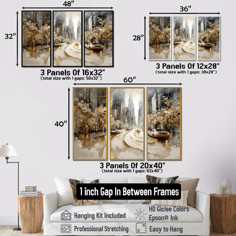 Ensemble de décorations murales Broadway Buzz New York City II - New York City, Toile avec cadre flottant or