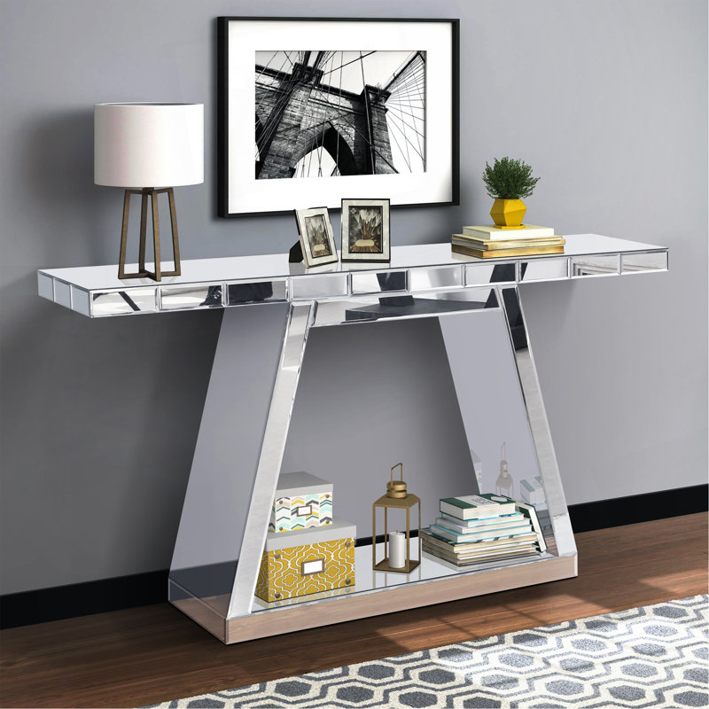55.9" Modern Luxe Full-Body Mirror Entryway Table with Trapezoid Base – 360° Reflective Console Table, Sturdy Wooden Frame, Scratch-Resistant Design & Open Storage for Hallway, Living Room, Staircase