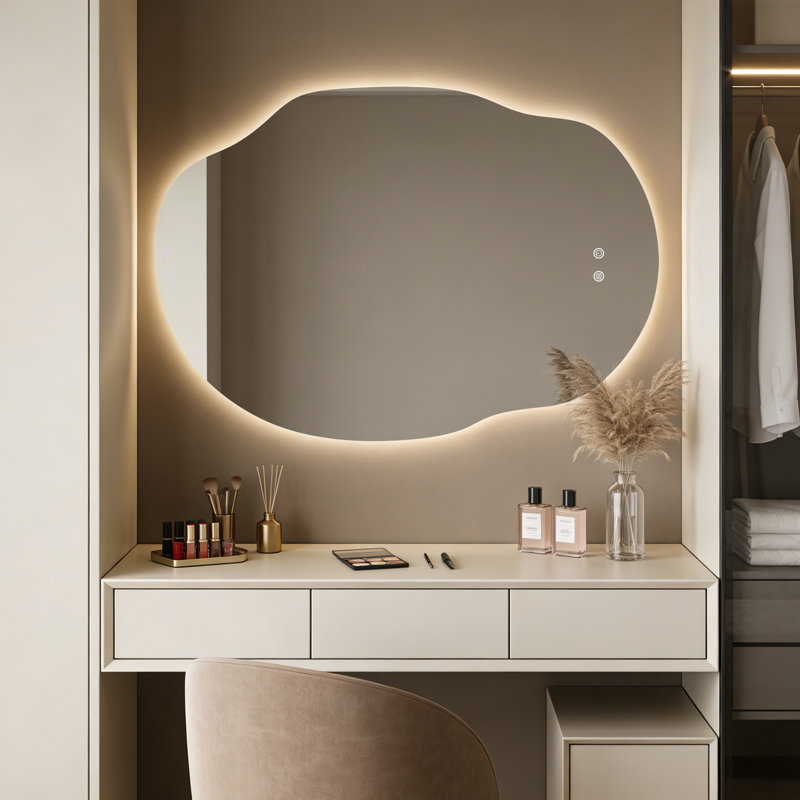 Asymmetrical LED Backlit Frameless Mirror with Anti-Fog, 3 Color Dimmable Light, 32"x45"