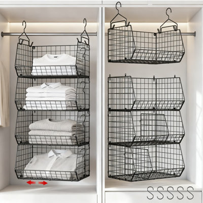 4-Tier Hanging Closet Organizer with Adjustable Dividers & S-Hooks, Foldable Storage Shelf for Clothes, Towels, and Household Items, Versatile Space-Saving Design