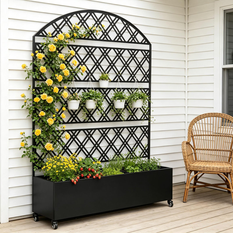 Jardinière en métal avec treillis et roues, H 73 po x l 47 po x P 15 po, jardin surélevé avec écran d'intimité pour plantes grimpantes, patio et terrasse