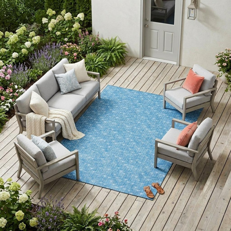 Tapis géométrique lavable intérieur / extérieur bleu 9 pi x 12 pi