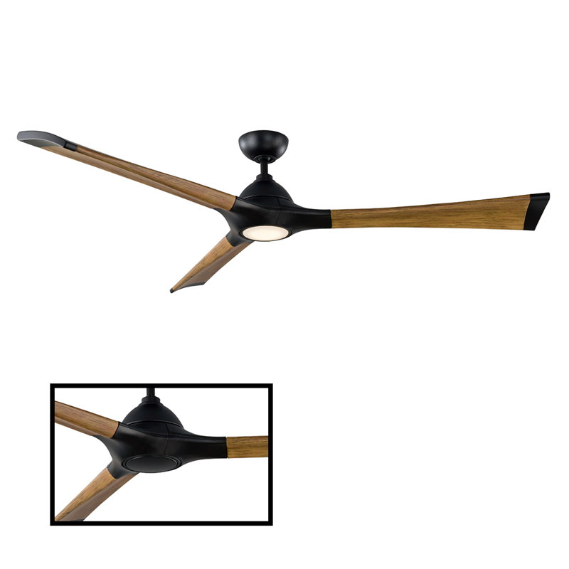 72" Woody 3 - Blade Outdoor Smart Propeller Ceiling Fan with Light Kit Included, 3000K, 60", Matte Black/Distressed Koa