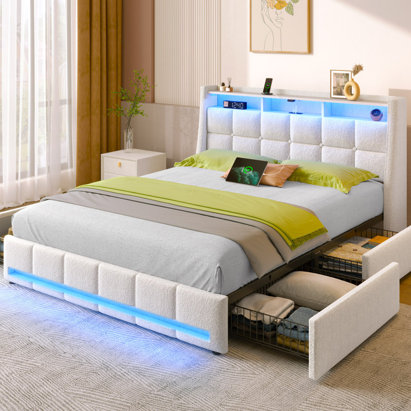 Bed Frame with Wingback Headboard, Upholstered Bed with LED Lights & 4 Storage Drawers Full  White 